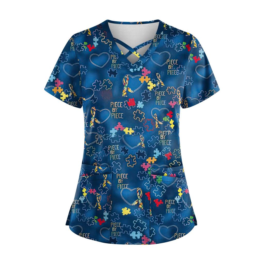 Plus SizePrinted Scrub Working Uniform Tops para mulheres Cross V-neck Halloween Print manga curta camisetas divertidas Workwear Tee com bolsos