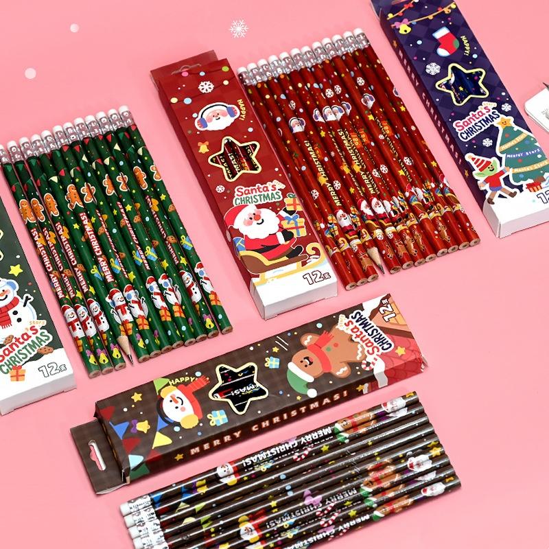 12Pcs/Set Christmas Themed Pencils For Kids Birthday Christmas Party Gift Cartoon Snowman Santa Claus Pencil For School Rewards