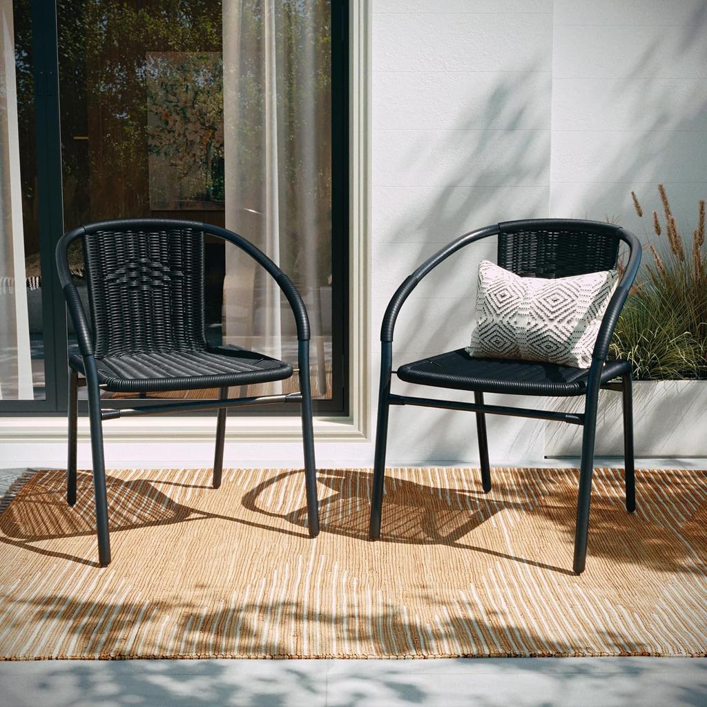 Set of 2 Modern Rattan Stack Chairs Indoor/Outdoor Patio Curved Back Cross Bracing Brown, Customized