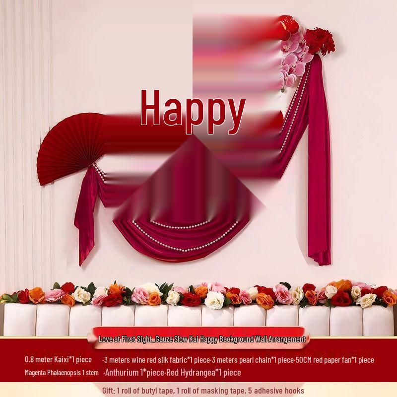 Conjunto de Decoração para Quarto de Casamento: Lados do Noivo e da Noiva, Parede com Caractere Xi do Novo Quarto e Decoração de Cabeceira