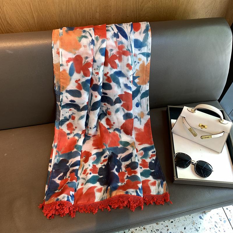 Scarf Thin Encrypted Bali Yarn Silk Scarf Spring Summer Small Fresh Color Plant Flower Bali Yarn Fringed Shawl