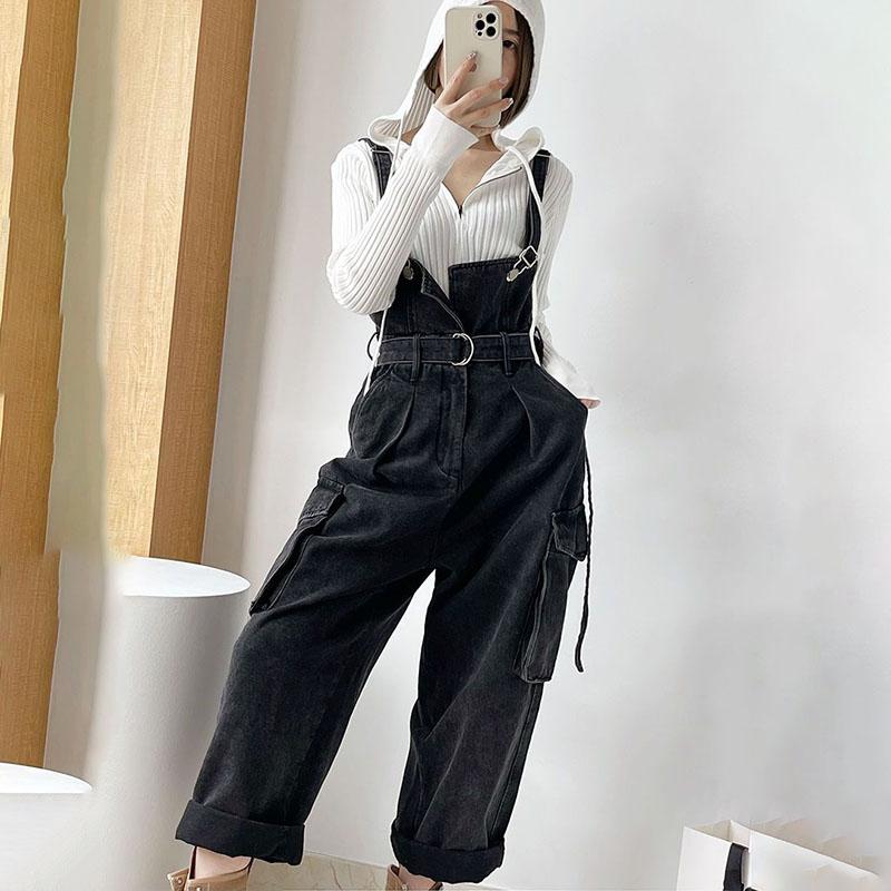 Workwear-style Wide-leg Denim Overalls Women Spring Autumn Design with Retro Halter Jumpsuit Female Shoulder Strap Jeans