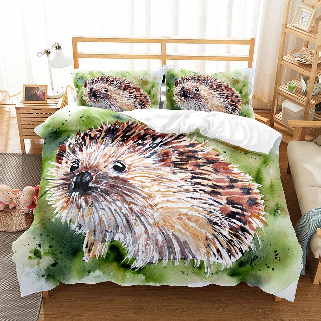 Hedgehog Duvet Cover Set Cute Cute Animal Polyester Comforter Cover King Queen Size for Kid Boy Girl Bedding Set with Pillowcase