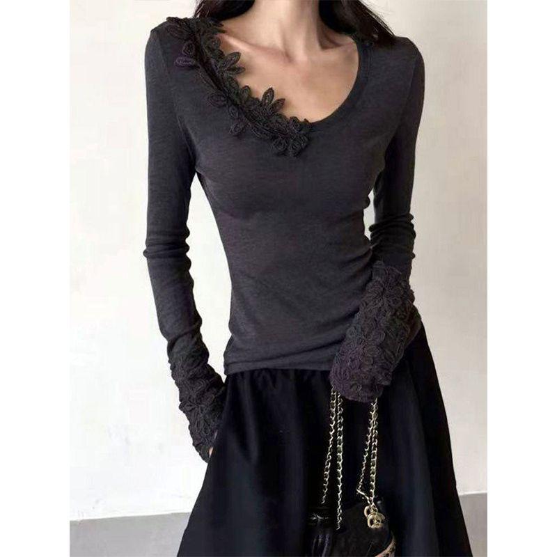 Women s White Lace Long-Sleeve Knit Top - Elegant Spring/Autumn Base Layer. S серый