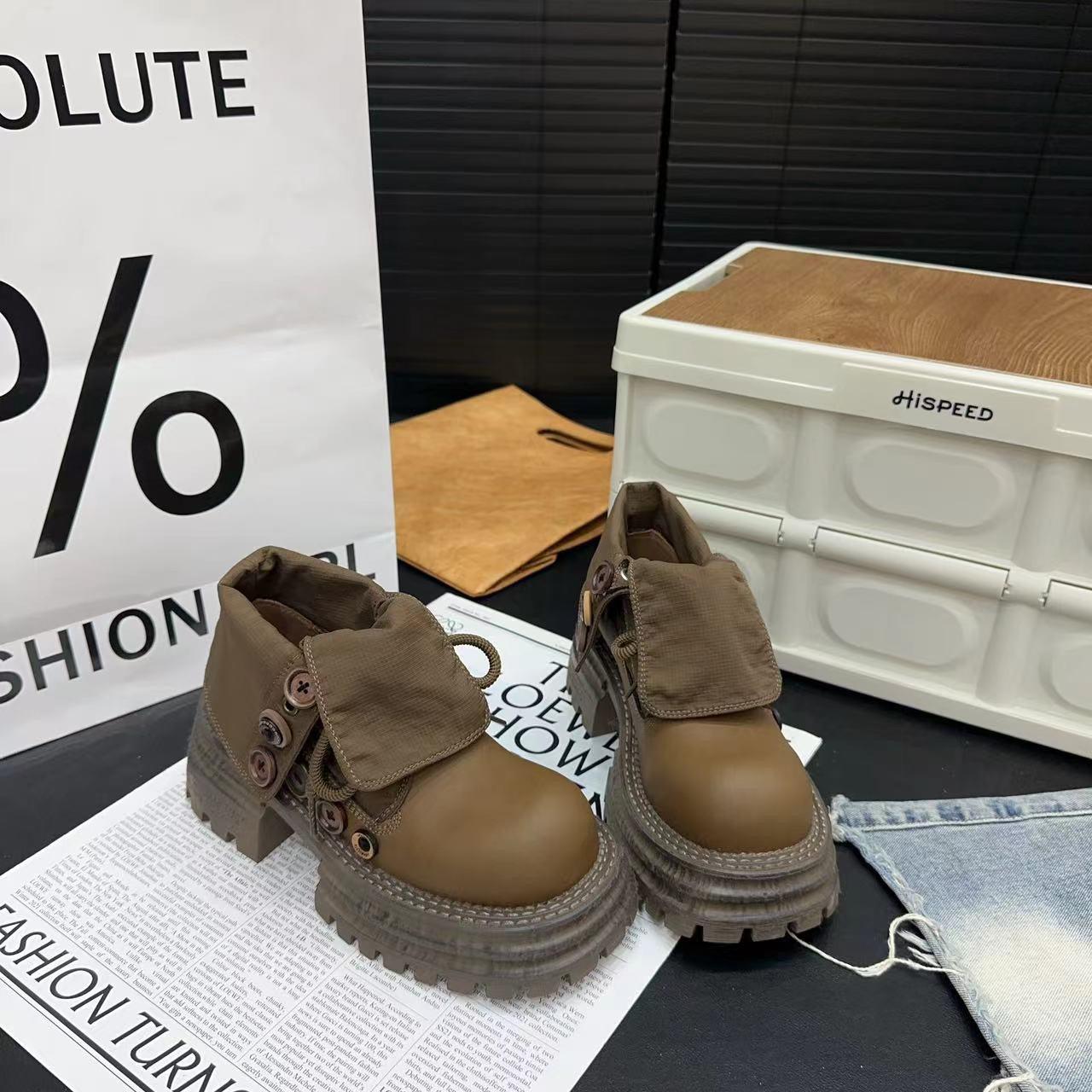 

European leather big head Martin boots women s new retro lapel two wear button muffin thick-soled big yellow boots tooling boots 40 кофейный