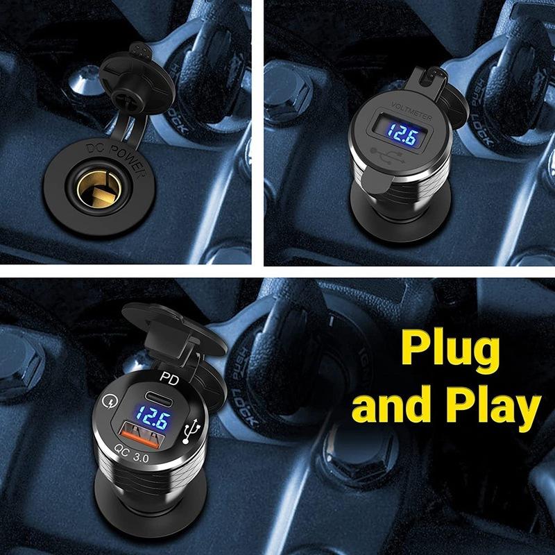 PD 3.0 Type C USB Fast Charger Din to USB and 18W QC 3.0 Power Outlet with Voltmeter for 12V-24V Ducati BMW MotorcycleJAS
