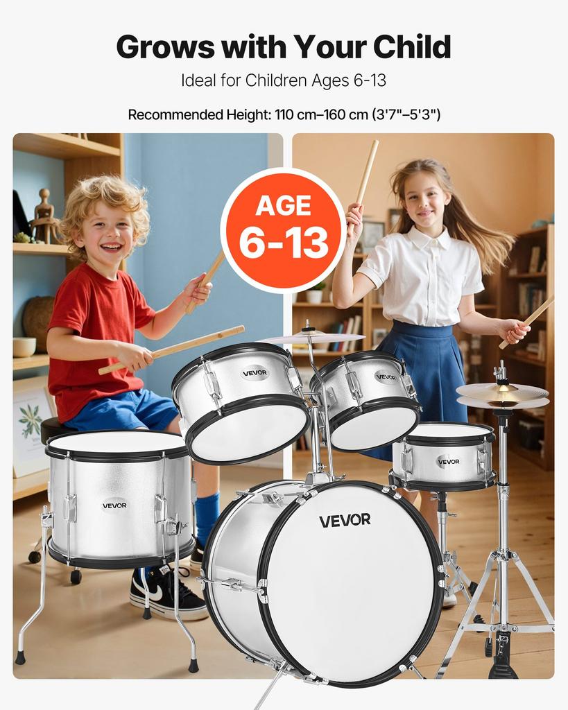 VEVOR Kids Drum Set, 5-Piece 16 in / 406.4 mm Junior Drum Sets, Beginner Drums Set with Adjustable Throne and Two Pairs of Drumsticks
