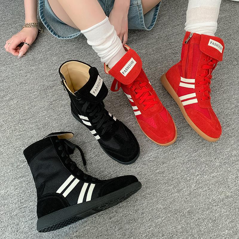 High-top Catwalk Boxing Boots Summer New Retro Striped Mesh Breathable Casual Sneakers Ins Tide