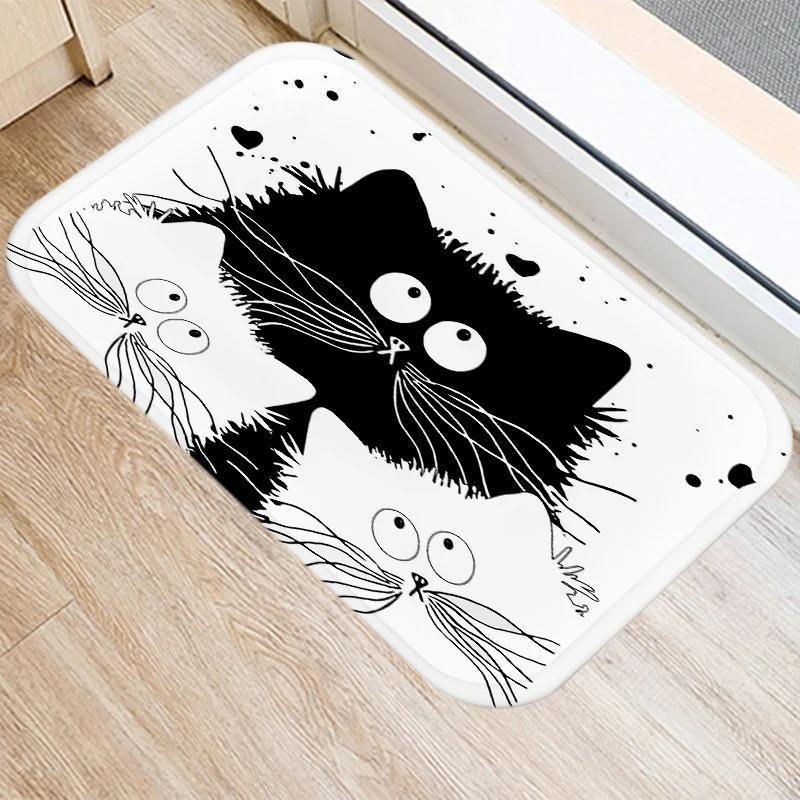 Cute Cartoon Cat Faces Carpet Black White Kawaii Minimalist Home Decoration Rug Kitchen Balcony Living Room Non-slip Floor Mat