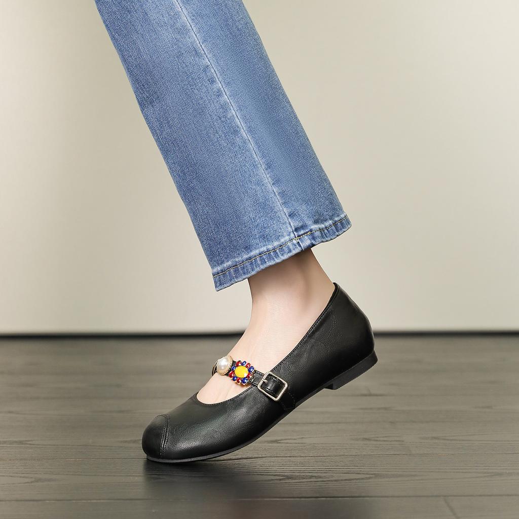 Mary Jane Shoes Female Genuine Leather 2026 New Ballet Shoes Women Round Toe Shallow Mouth Flat Ladies Shoes