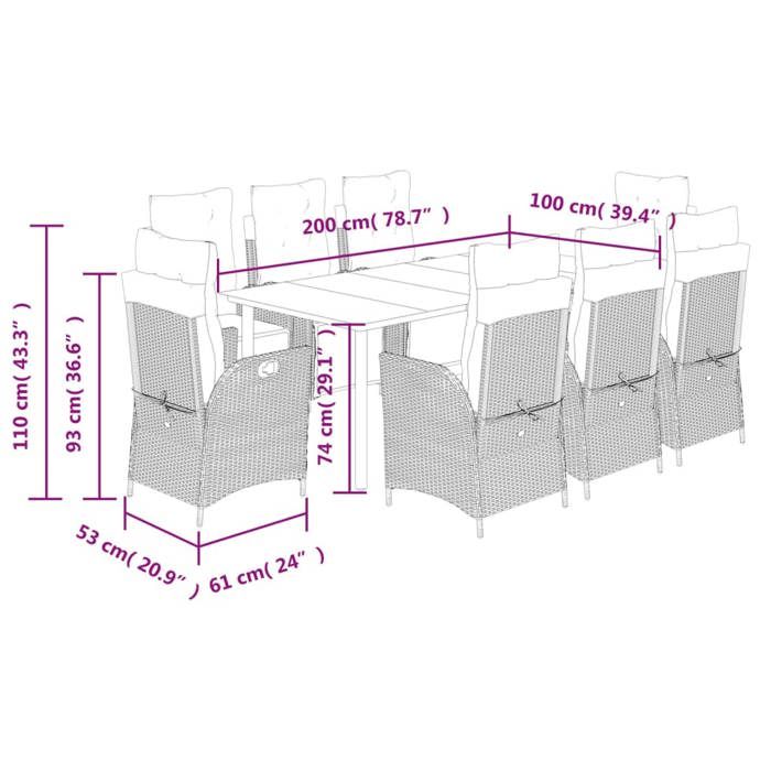 VidaXL Ensemble à Manger de Jardin avec Coussins 9 pcs, Table et Chaises avec Dossier et Repose-pied Réglables, 3213433