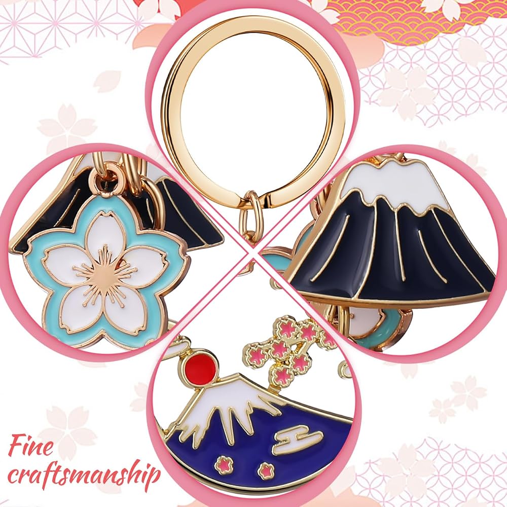 FOMIYES 5-Piece Mount Fuji Cherry Blossom Keychain Set for Car Accessories