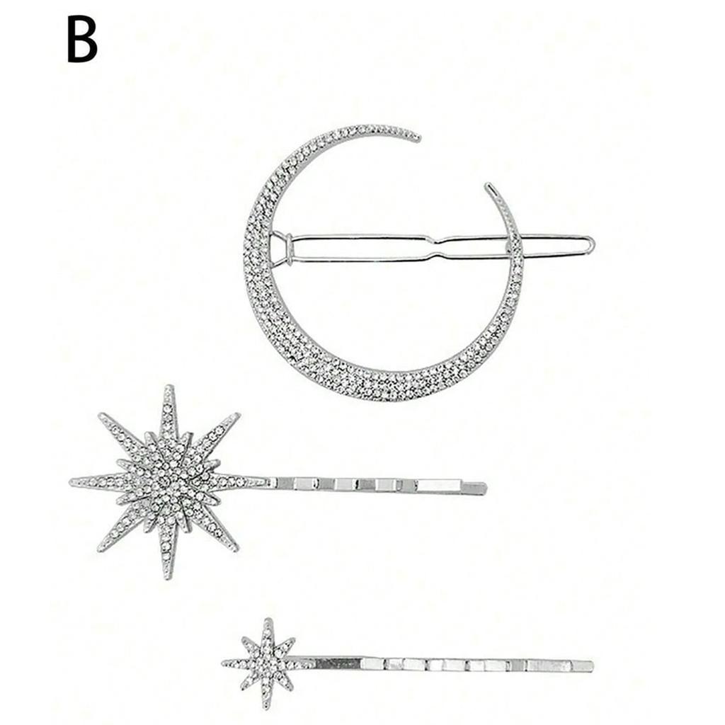3 Pieces of Elegant Rhinestone Star and Moon Shaped Hair Clips for Women, Fashionable Side Clips, Bridal Decorations, Women's Hair Accessories Suitab