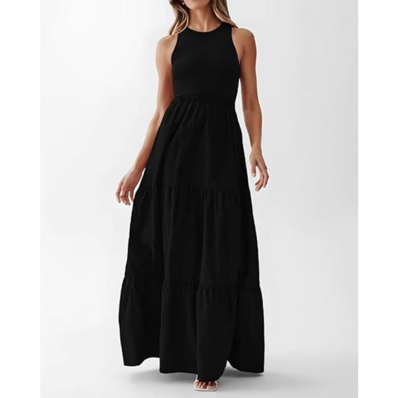 Summer Women's Dress Round Neck Patchwork Pit Stripe Sleeveless Vest Pocket Dresses