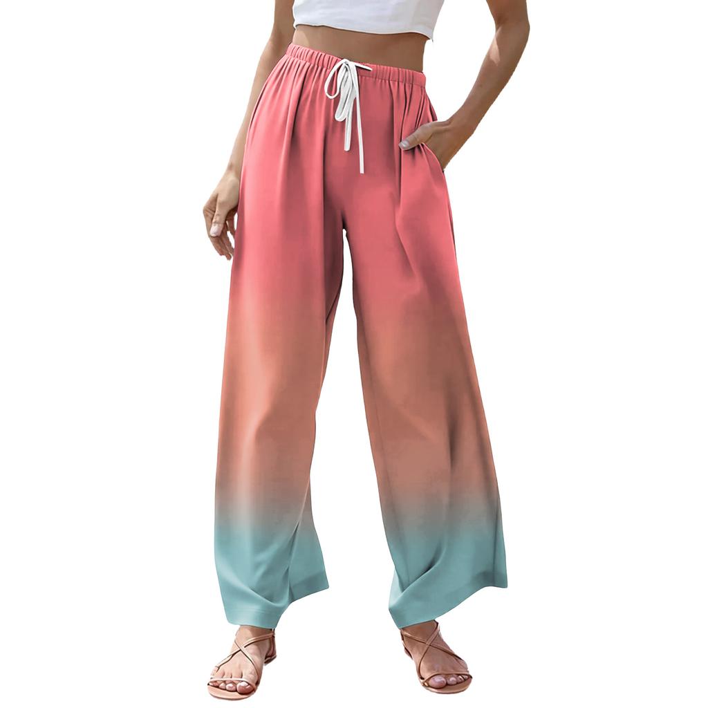 Women's Casual Gradient Print Wide Leg Drawstring Pocket Beach Casual Pants