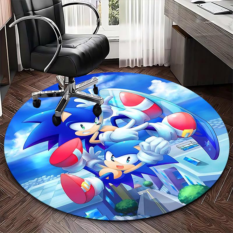 1pc Sonic the Hedgehog Anime Cartoon Design Round Carpet Office Chair Mat, NonSlip Rug for Home Decor, Living Room, Bedroom, Game Room