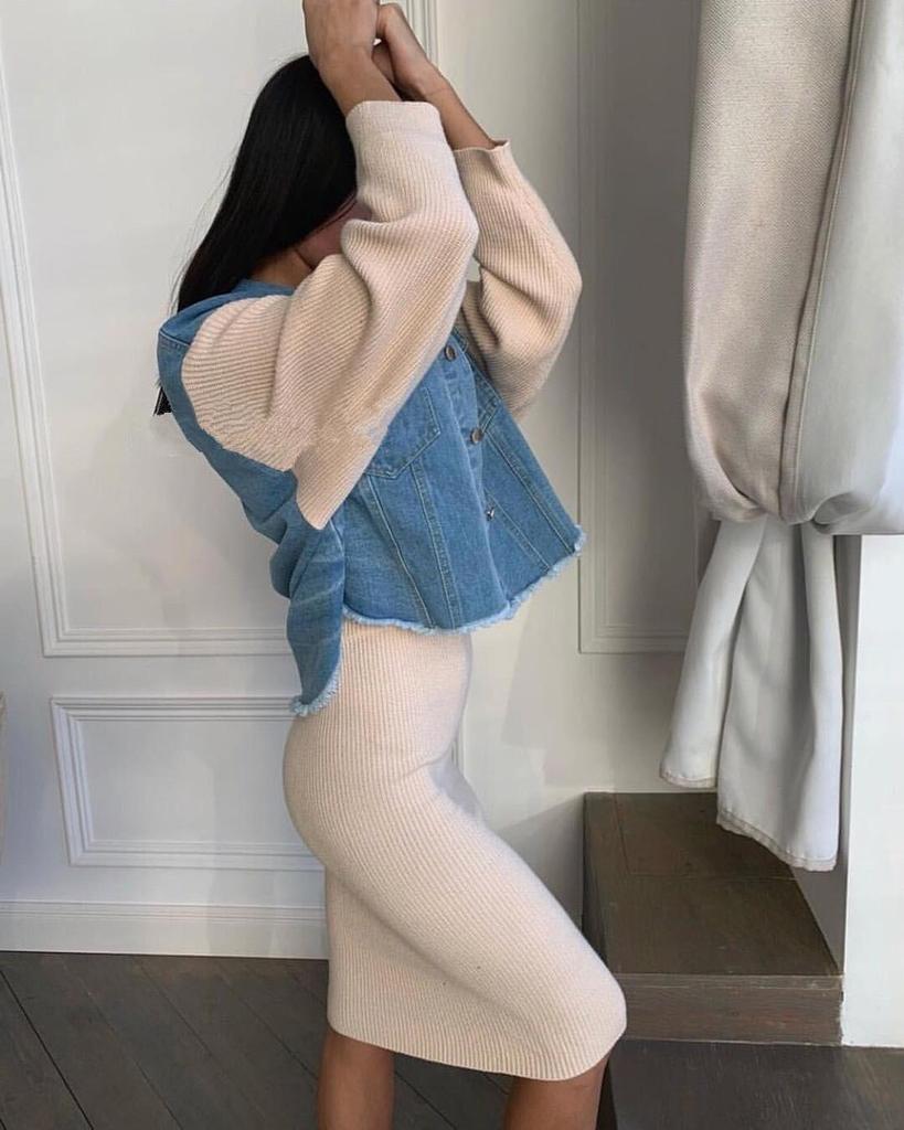 Women Denim Patchwork Jacket Two Piece Sets Knitting Skirt Casual Single Breasted Knitted Sleeve Coat Sweater Skirt