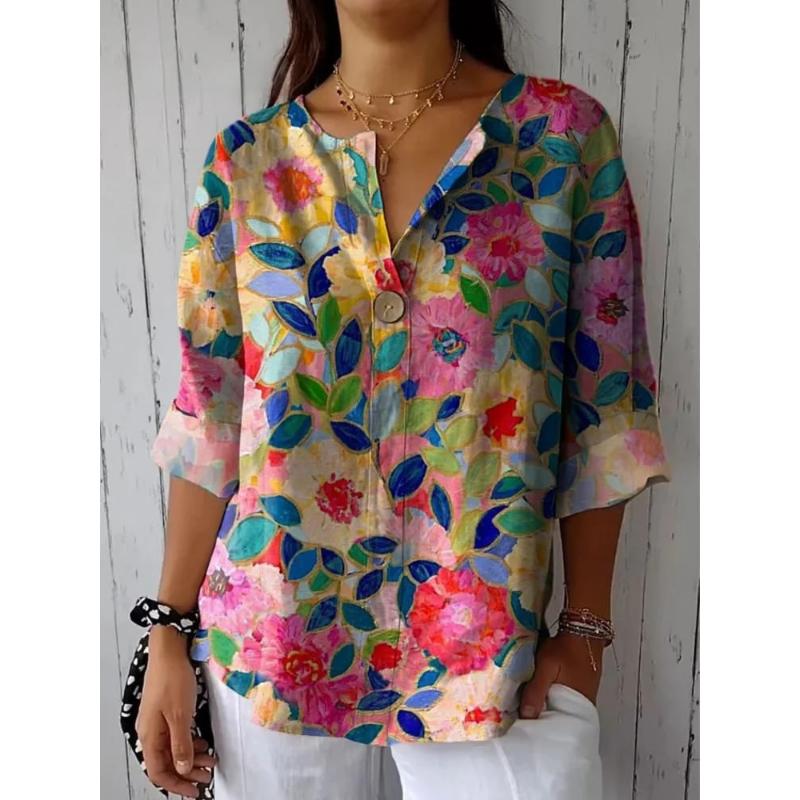 New European and American Women's Clothing Spring and Autumn Hot Buttoned V-neck Fashion Printed T-shirt Loose Long-sleeved Top