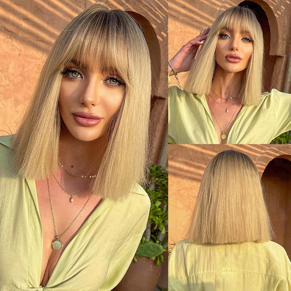 LOUIS FERRE Short Ash Brown Hair Wig for Women Synthetic Ombre Brown Straight Wigs With Bangs Shoulder Length Brown Natural Hair