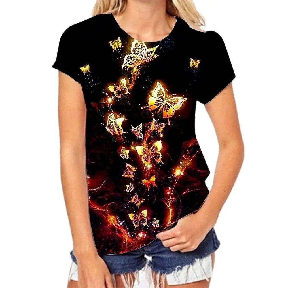 Colorful Butterfly Pattern 3D Digital Printing Women's Comfortable Round Neck Short Sleeved T-shirt
