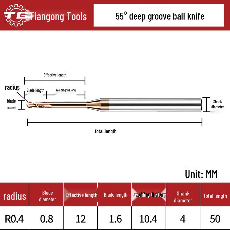 Tiangong Wolframová ocel R0.5 Kulová fréza 0.75 Legovaný krček, 2břitá, 55° Potažená, Prodloužená Hluboká drážka 1, 1.25
