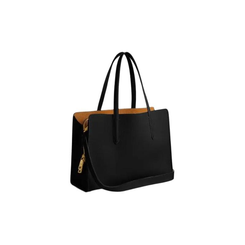 Coach Carter 36 Gold Logo Logo Pendant Central Zipper Compartment Leather Tote Bag Tote Bag Shopping Bag Hand Shoulder Bag Women's Black