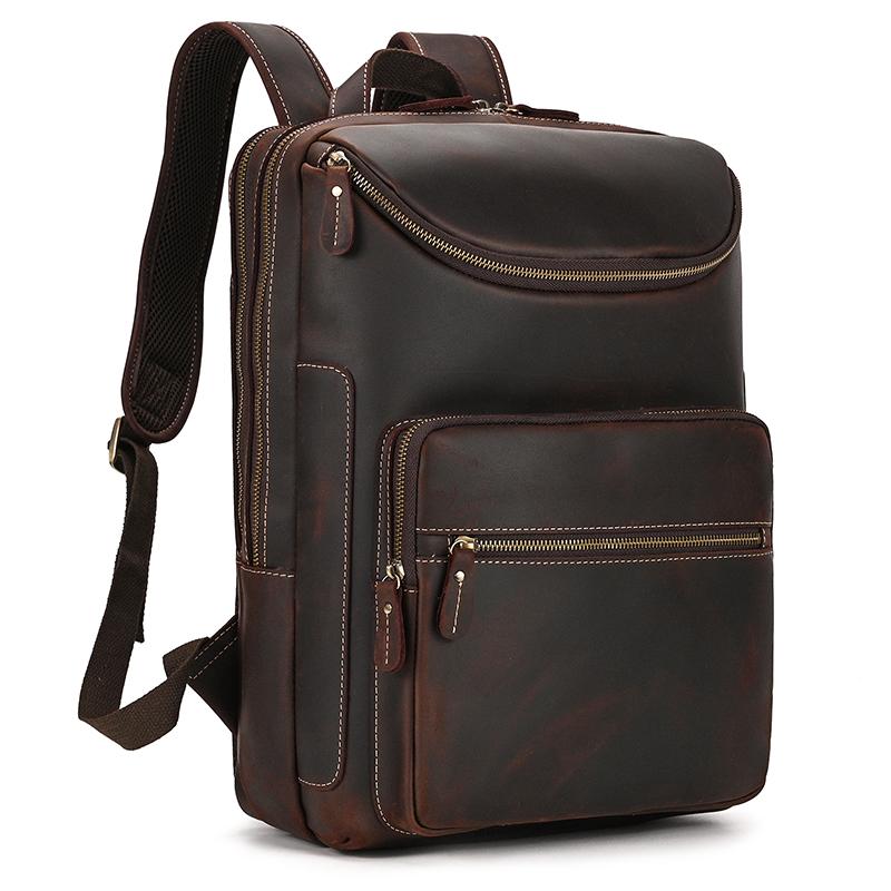 2026 New Fashion Leather Bagpack Bag 14 15.9 Laptop Backpack For Man Male Genuine Leather Men's Travel Bagpack Crazy Horse Skin