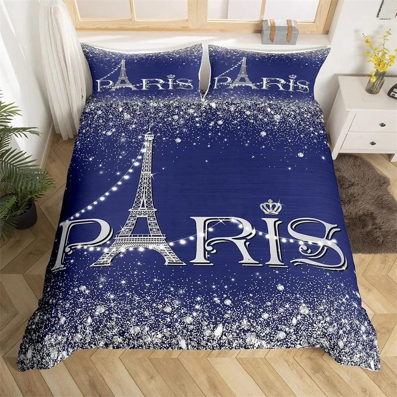 Eiffel Tower Duvet Cover Set Single Twin King For Kids Girl Teen Room Paris Bedding Set Microfiber Gradient Diamond Quilt Cover