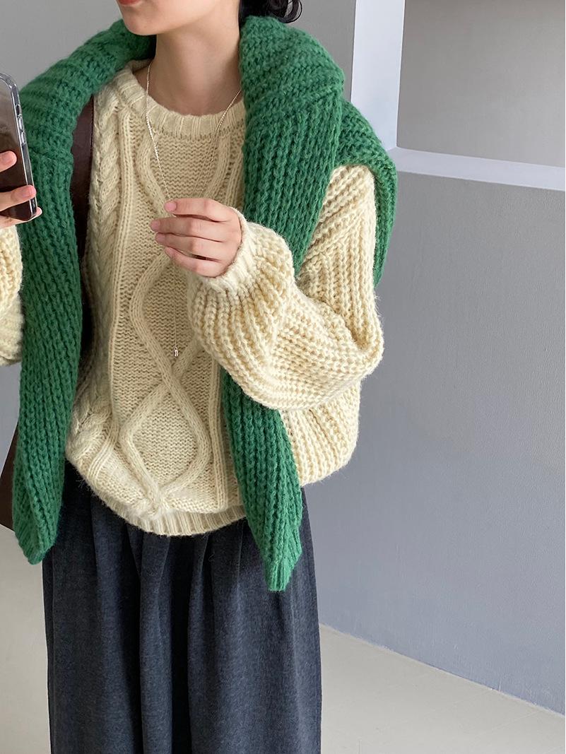 

Женский шерстяной свитер Jiangzuo с косами - мягкий, свободный, ленивый стиль, круглый вырез, утолщенный верх U1022 One Size