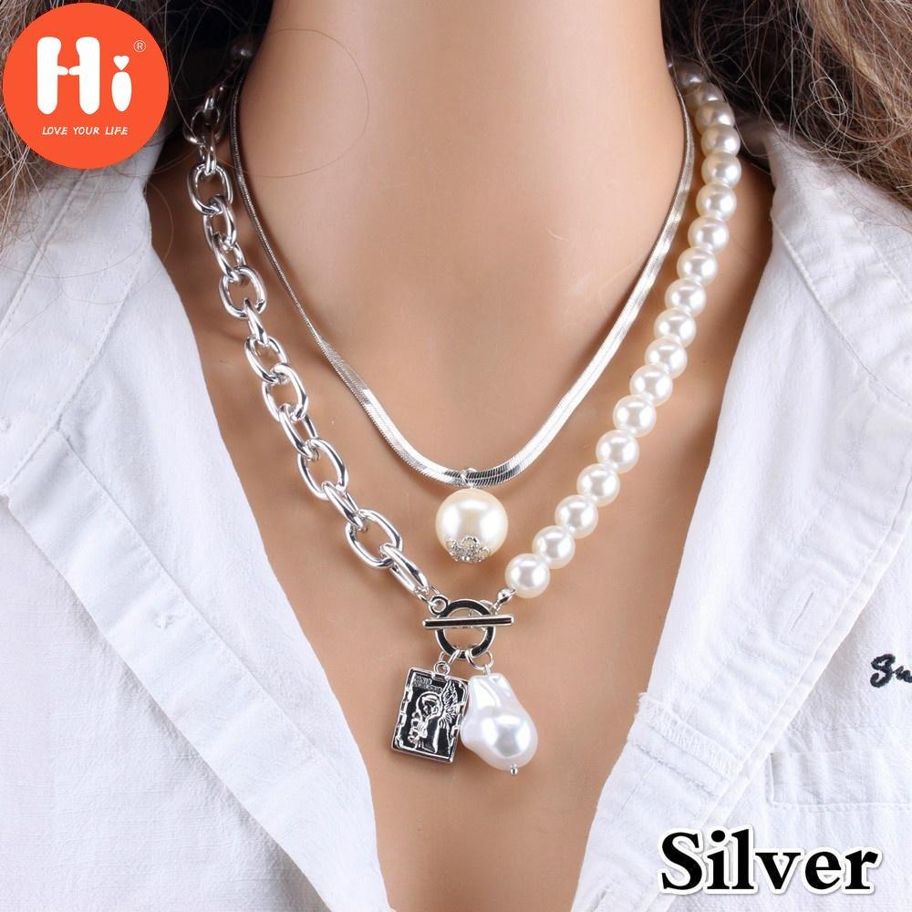 Hi Women Fashion 2 Layers Pearls Pendants Necklaces Metal Snake Chain Necklace New Design Jewelry Gift