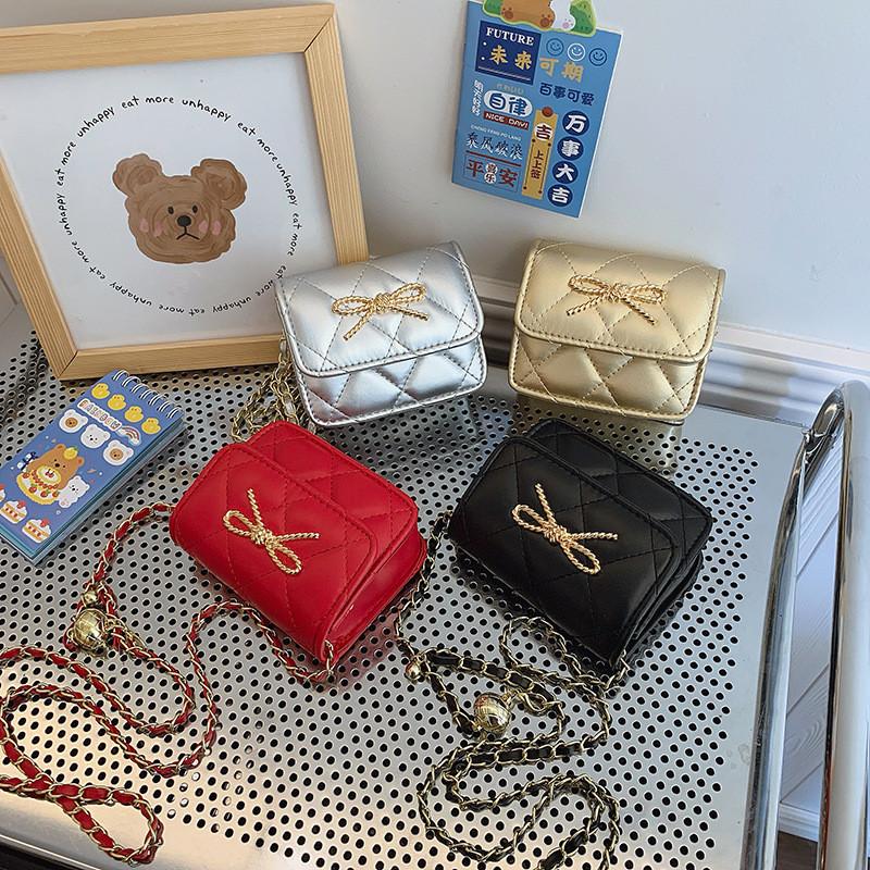 Bow Simple Golden Decoration Solid Color Leather Children Chain Bag Shoulder