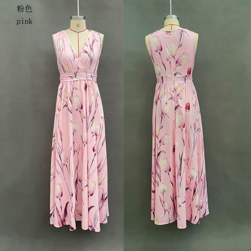 2026 summer new French V-neck light blue tulip print sleeveless long dress