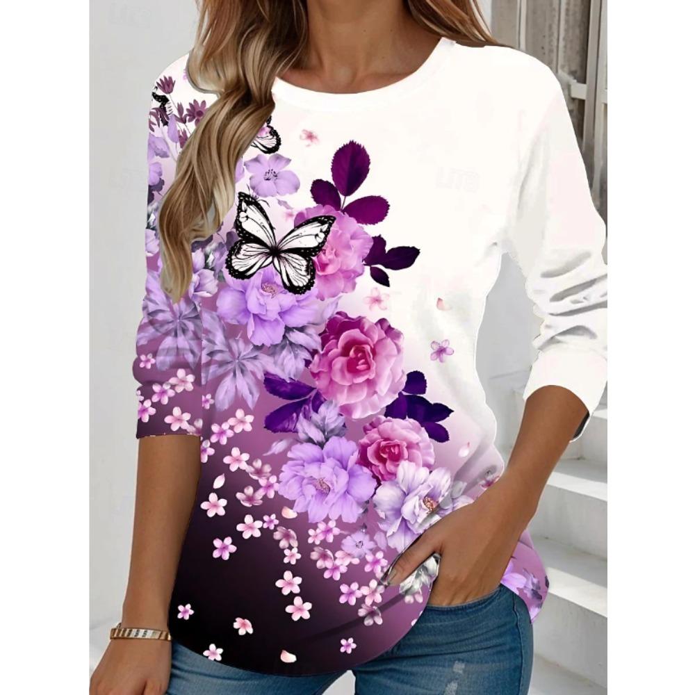 Tops for Women Floral Print Round Neck Long Sleeve T-shirt Fall Casual Slim Pullover Women's Long Sleeve Top