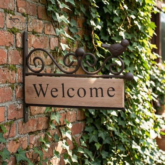 Reinforced Mounting Welcome Sign Mini Bird Sign, Retro Carved Wooden Panel with Iron Frame Wall Shaped Door for Outdoor Porch Courtyard Gates Fences,
