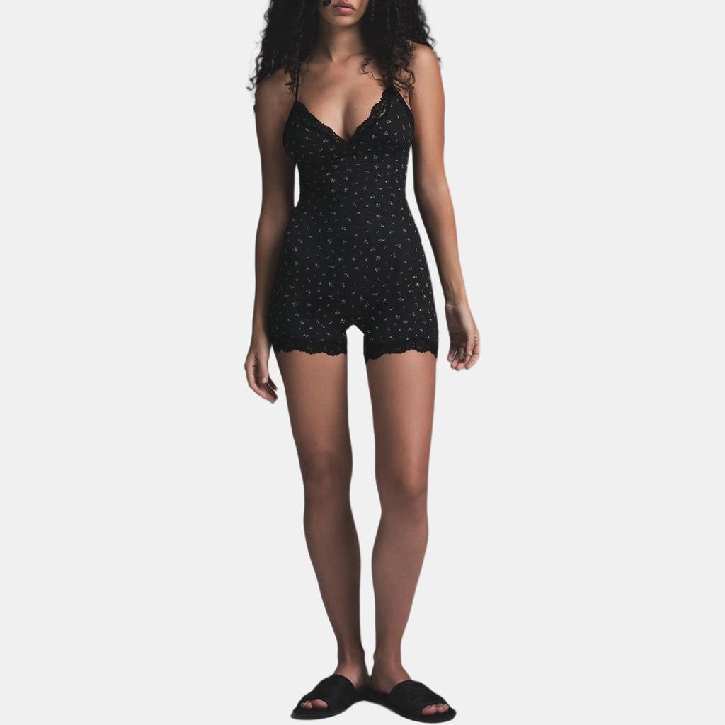 Skims FW24 Fits Everybody Lace Triangle Onesie Floral Print Patchwork Lace Soft V-Neck Bodysuit Women bodysuit OS-ONS-6690W-ORP