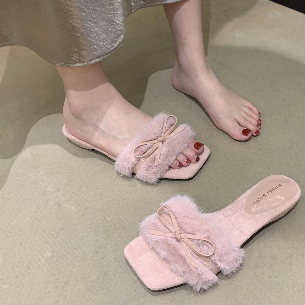 Soft Waxy Sweetheart! French Bow Fluffy Shoes Women Wear New Gentle Fairy Style Temperament Soft Bottom One-word Drag