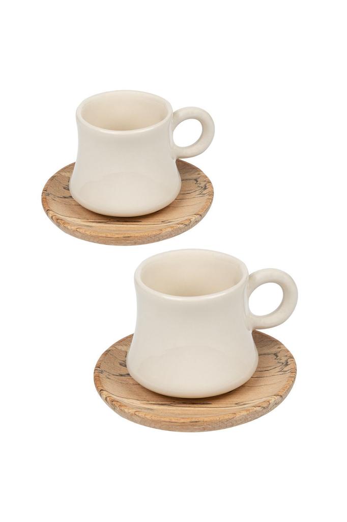 Coffee Set for 6 People with Wooden Plates Bamboo Cup Set Ceramic Cup Turkish Coffee Cup Set