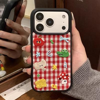 Animali Carini Ricamo Fantasia a Griglia Rossa Custodia per Telefono a Quadretti Per iPhone 17promax 17pro 16 15 14 Pro Max Copertura Anti-caduta Adorabile