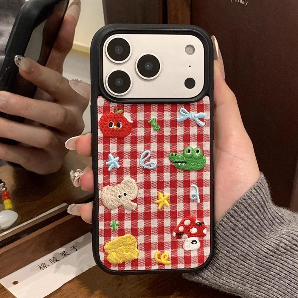 

Чехол для телефона с вышивкой милых животных и красной клеткой для iPhone 17promax 17pro 16 15 14 Pro Max, милый противоударный чехол iPhone 13