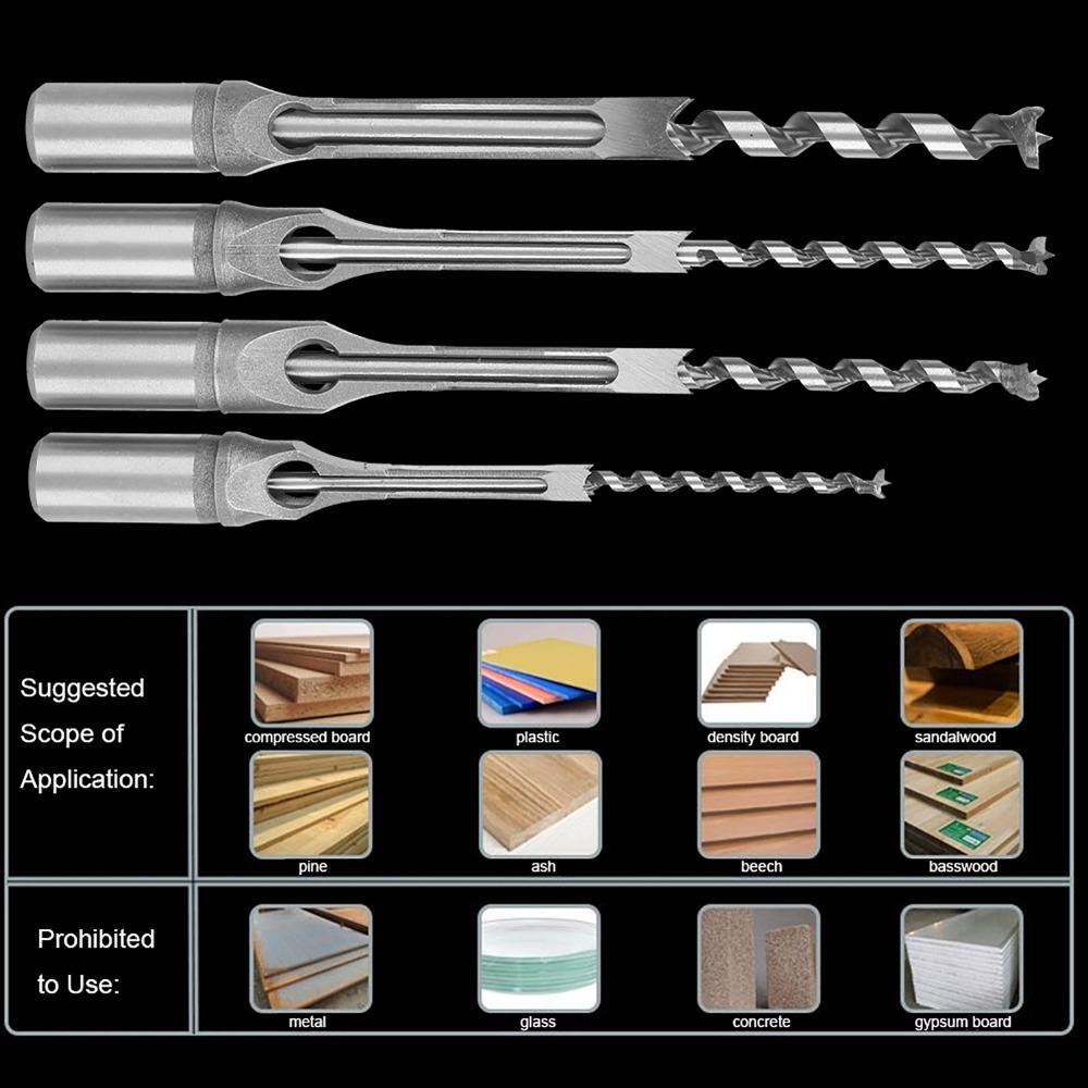 4pcs 6.4/8/9.5/12.7mm Square Hole Drill Bits Square Hole Mortising Chisel Woodworking