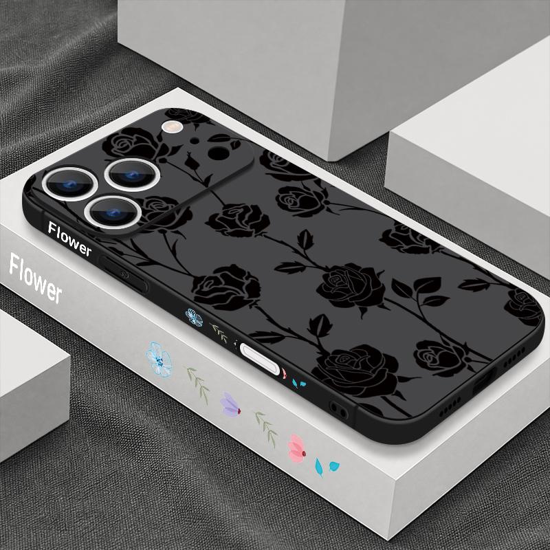 Lanyard Case For iPhone 17 Pro Max Black White Rose Flowers Soft TPU Silicone Phone Cover For iPhone 16 15 14 13 Pro Max 17E