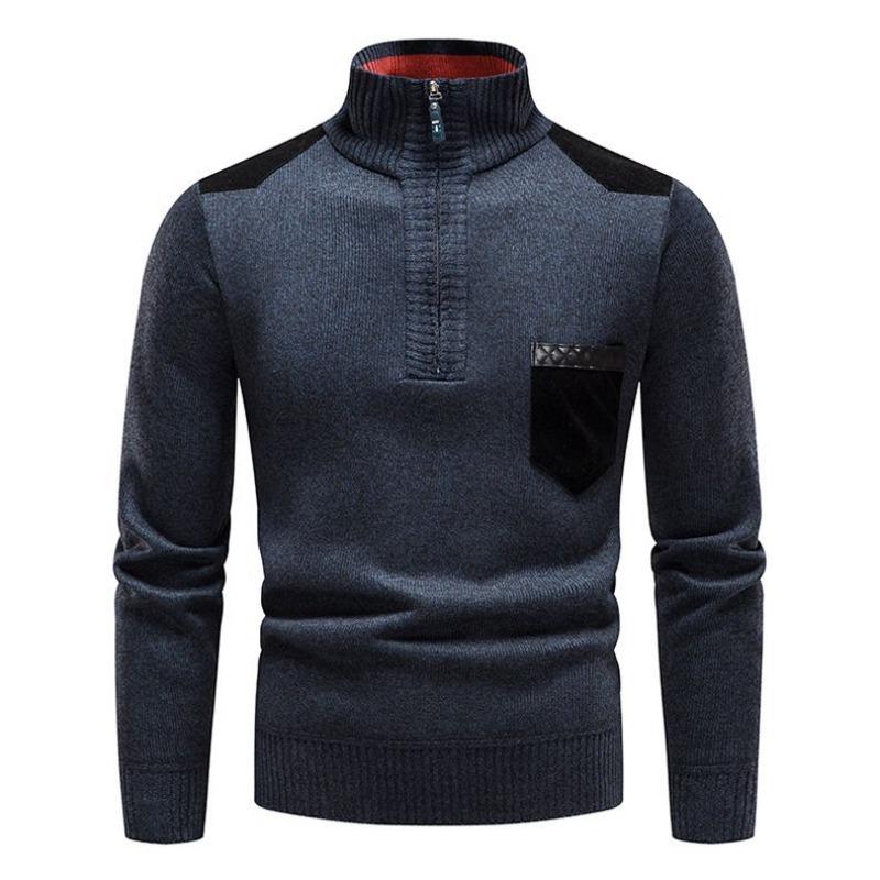 Thickened Velvet Sweater Men's Patch Half Sweater Half Zipper Pullover Casual Top
