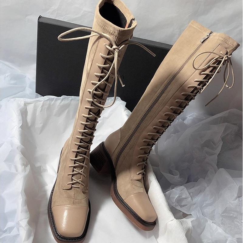 Women's Knee-high Boots High Quality Suede Leather Boot Lace Up Slim Long Tube Boots Knee-high Chelsea Boot Women Fashion Boots