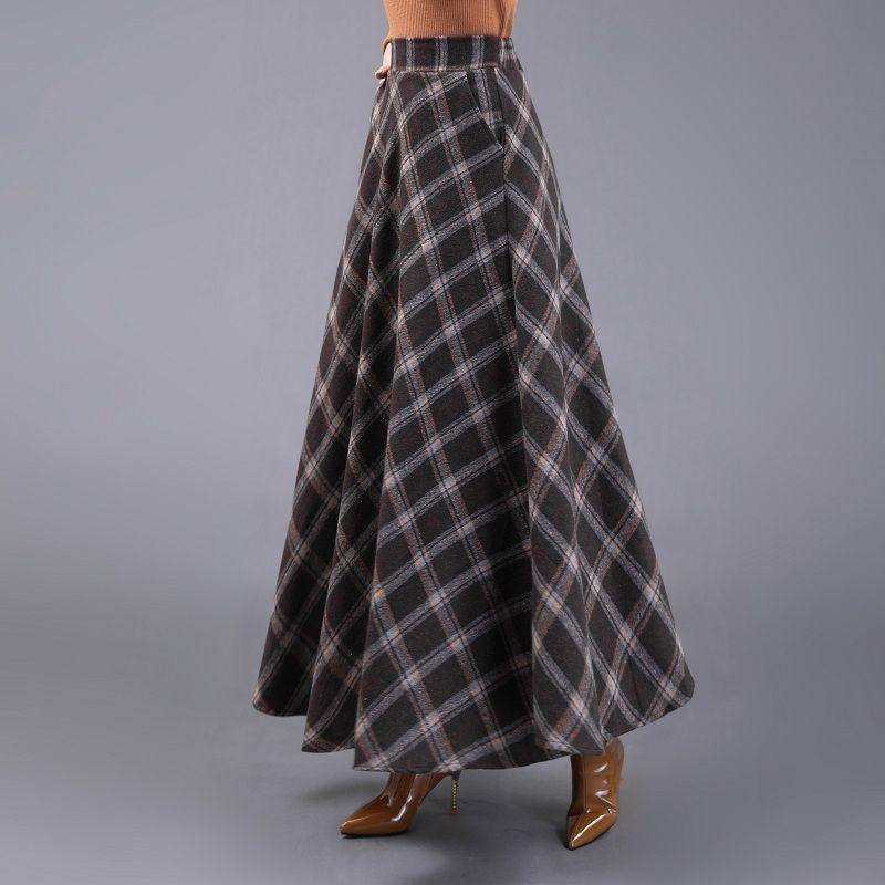Fustă lungă retro cu carouri, pentru toamnă-iarnă, cu tiv de umbrelă, pentru siluetă pară