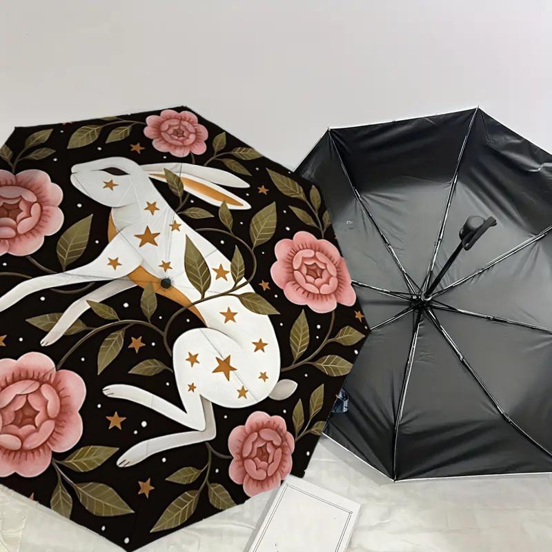 1pc rabbit flowers Automatic Folding Umbrella 8 Rib Iron Frame,  Suitable for Travel, Daily Use, Birthday, Women & Men Gift c1231077