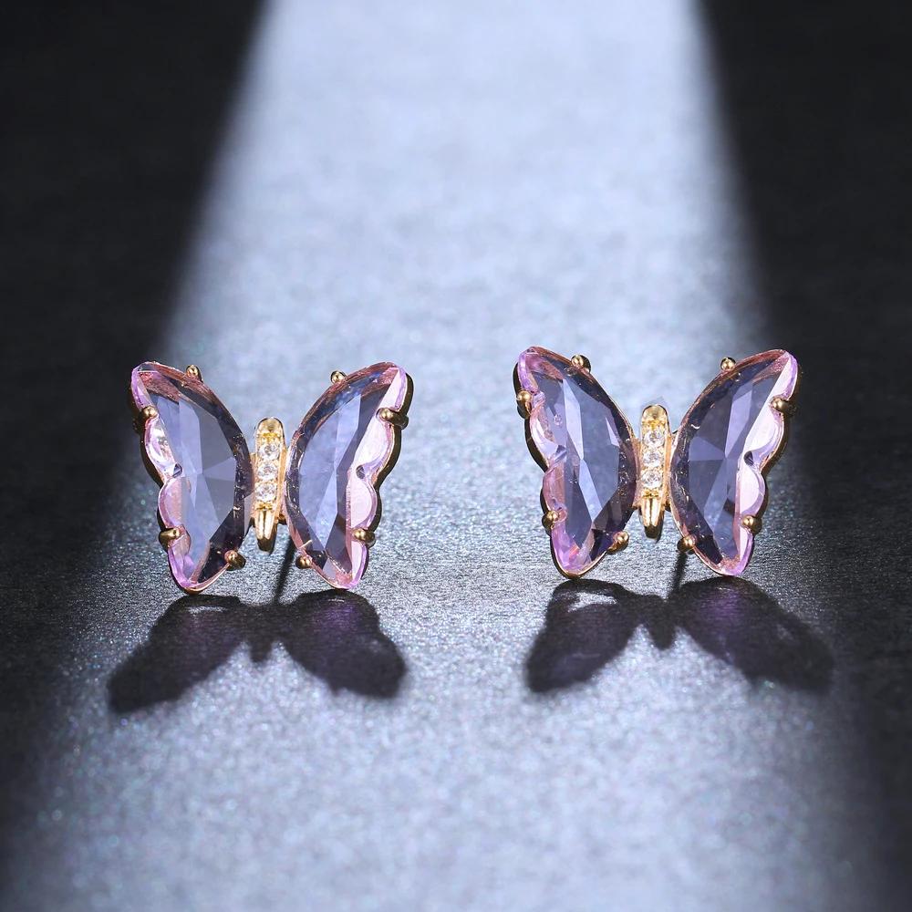 

Purple Crystal Glass Butterfly Stud Earring for Women New Transparent Animal Zircon Christmas Girl Gift