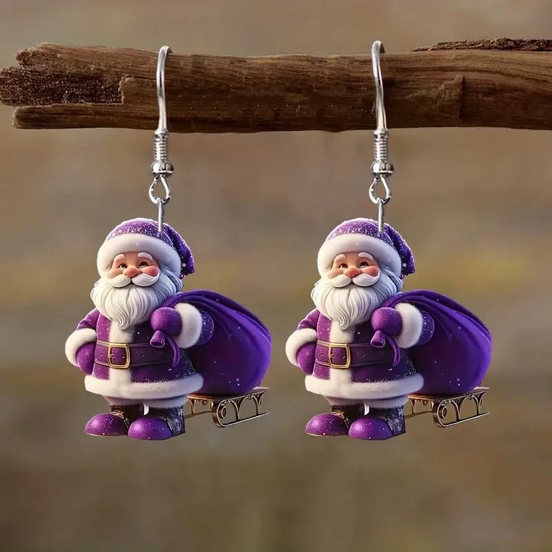 Winter Purple Santa Acrylic Earrings With Creative Design For Christmas Decor