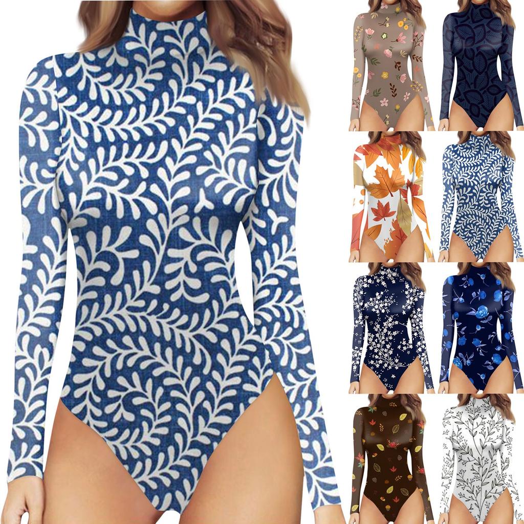 Dámské podzimní a zimní jednodílné tričko Slim Dlouhý rukáv Polovysoký výstřih Vintage halloweenské body s potiskem