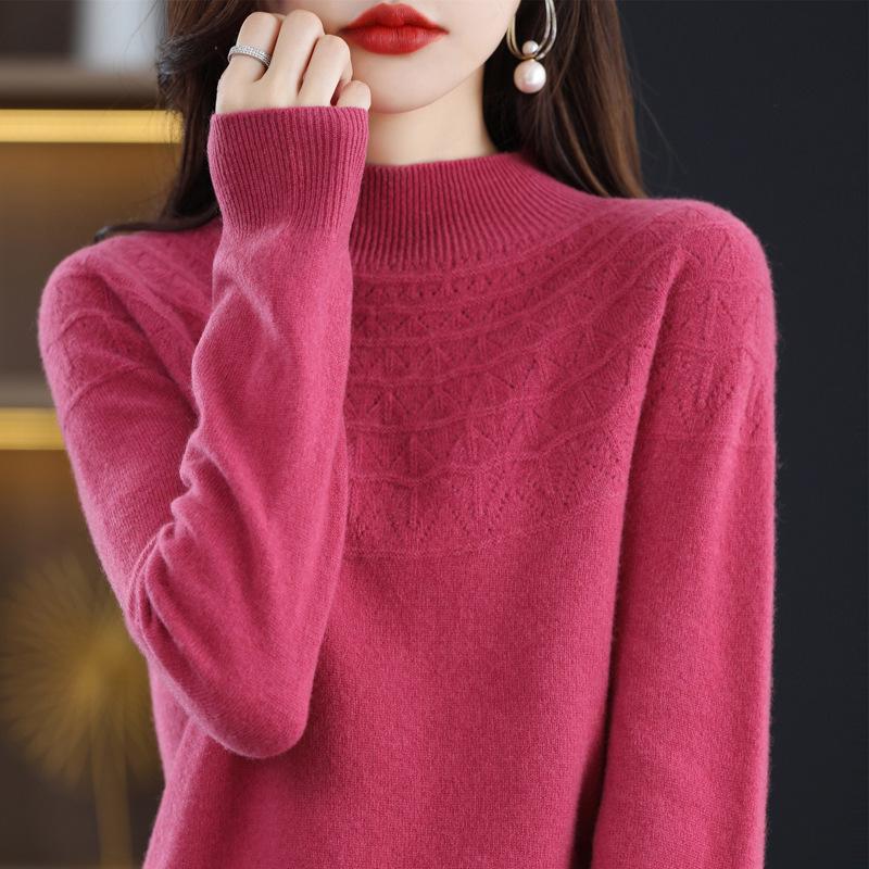 Seamless Pure Wool Women's Half-High Neck Hollow Pullover Sweater - Warm, Slim-Fitting Base Layer Knitwear