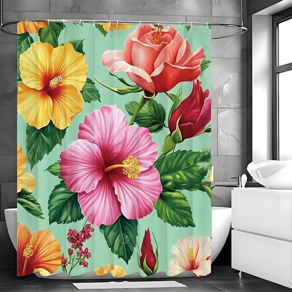 Colorful Flower Shower Curtain, Bathroom Decorative Shower Curtain, Waterproof Shower Curtain with Hooks